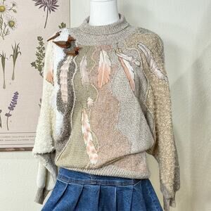 Vintage 80s 90s Wooden Duck Feather Sweater Grandma Novelty Retro Artsy M L